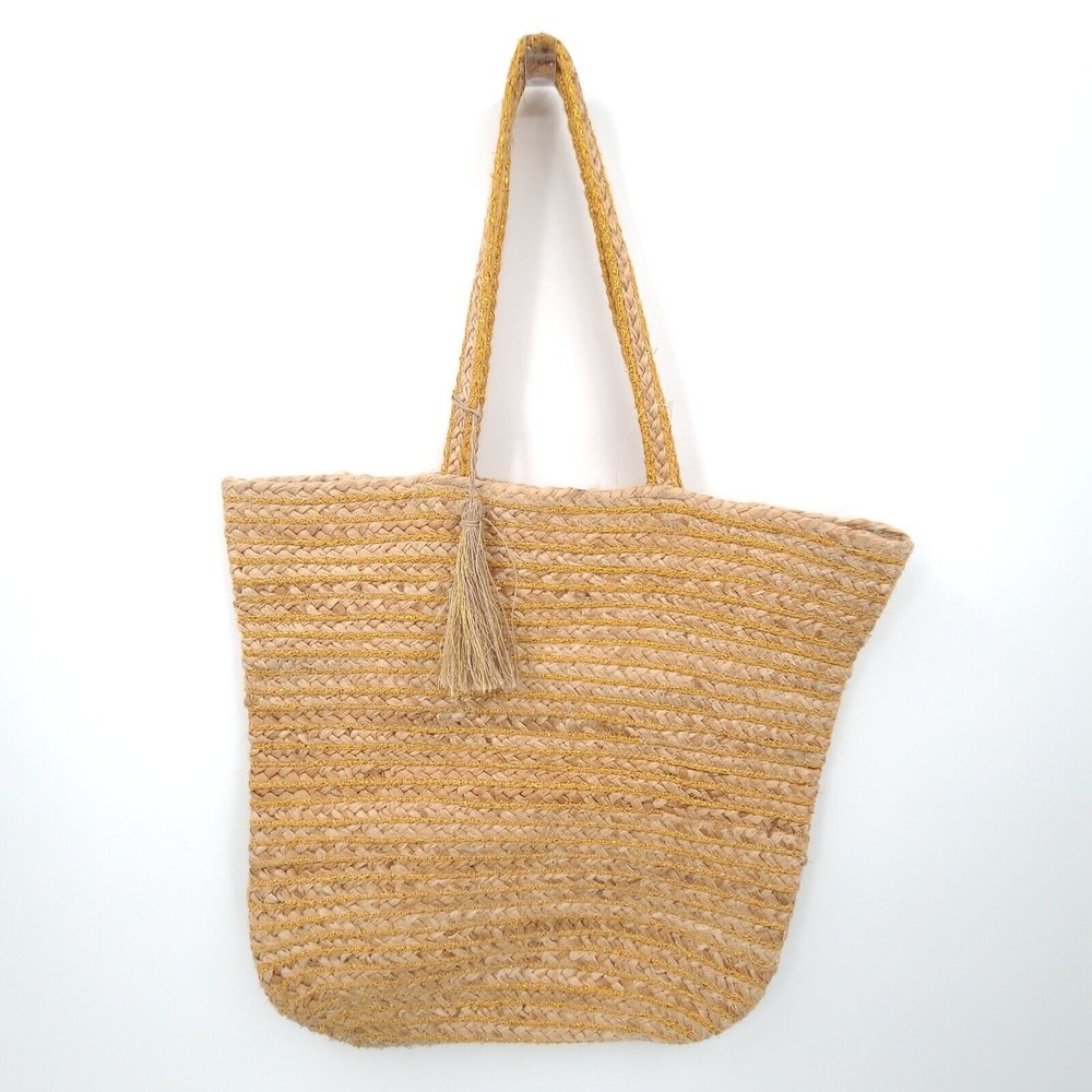 C & C California Home gold Woven jute Tote Bag large new